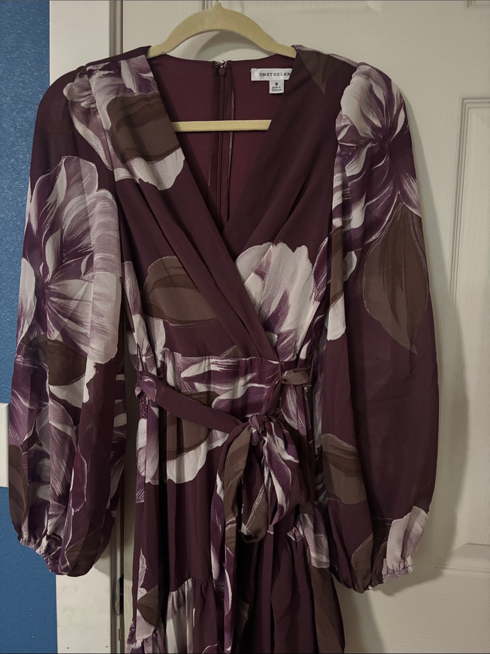 Plum Floral Wrap Maxi Dress with brown and White Accents.
